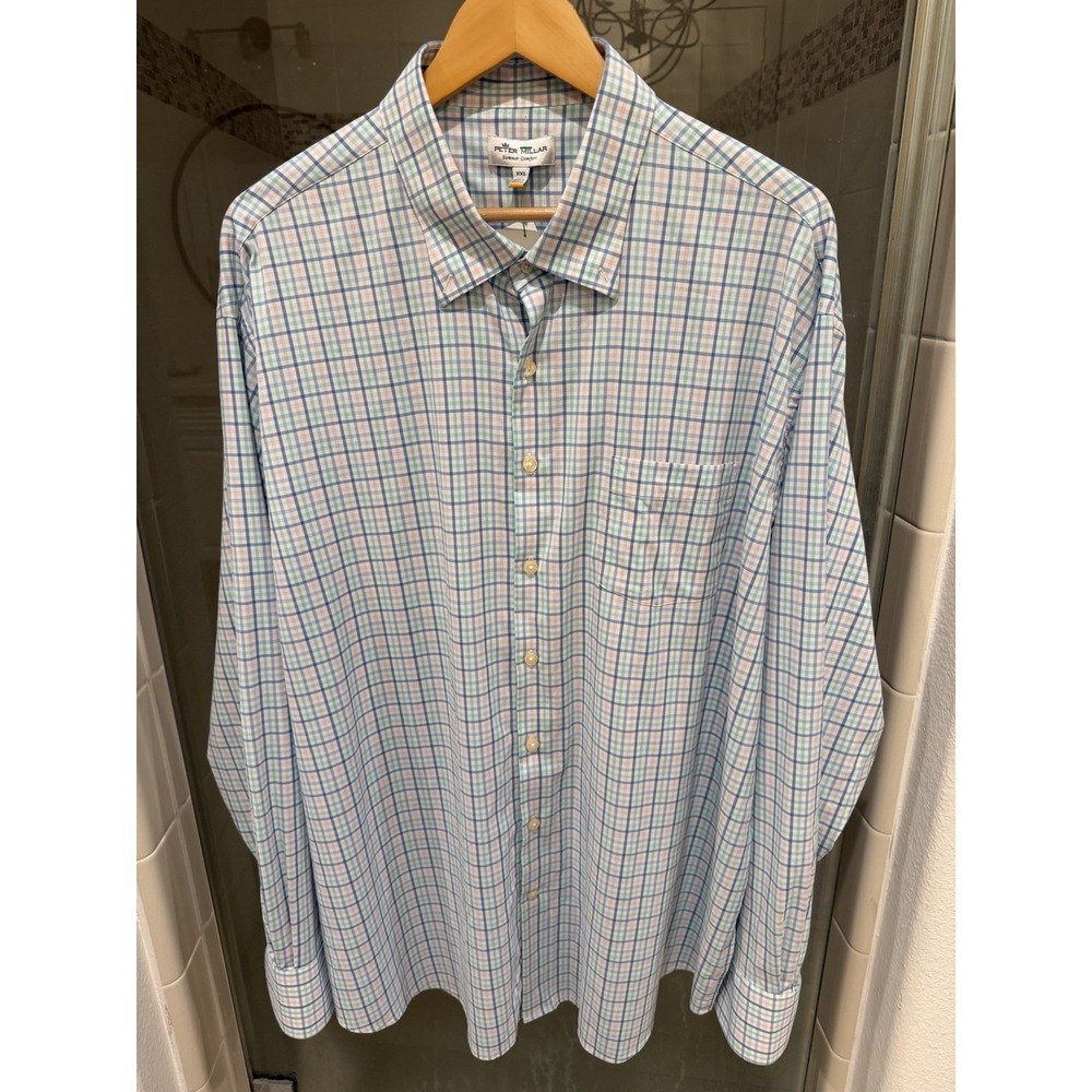 Peter Millar Shirt XXL Blue Pink Plaid Summer Comfort Performance Long Sleeve
